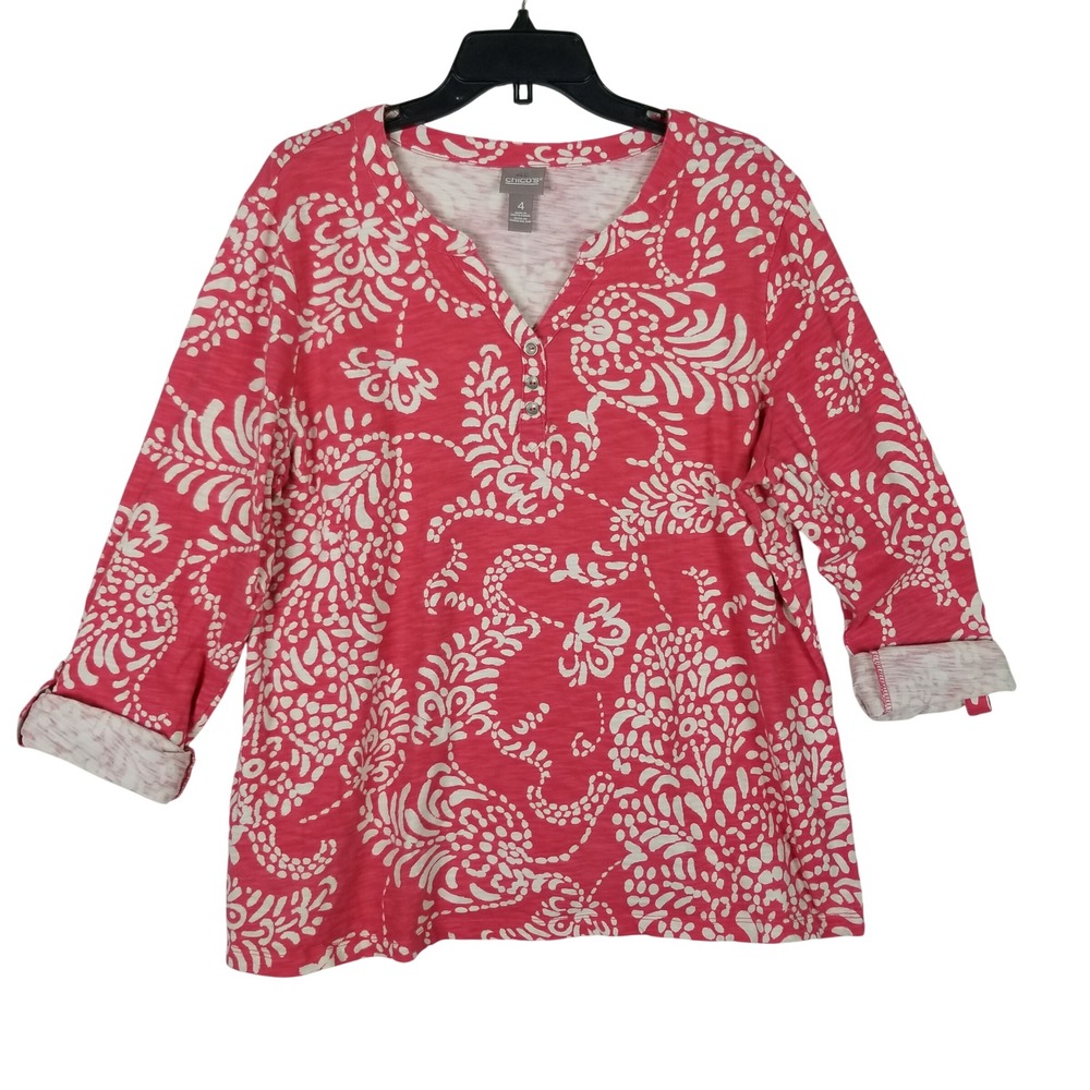 Chico's Henley Top Women Sz 4 XL Pink White Paisley Cotton Slub Roll Tab Sleeve